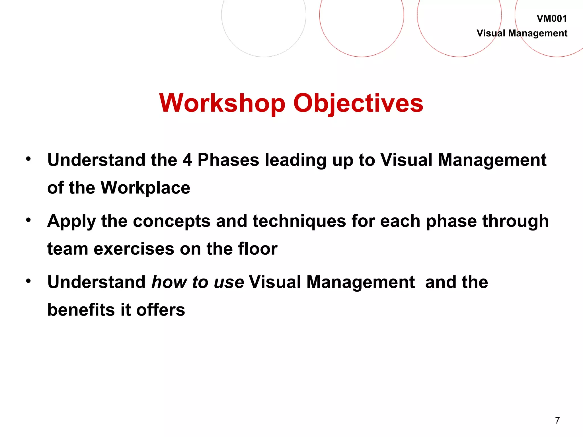 7
VM001
Visual Management
Workshop Objectives
• Understand the 4 Phases leading up to Visual Management
of the Workplace
• Apply the concepts and techniques for each phase through
team exercises on the floor
• Understand how to use Visual Management and the
benefits it offers
 