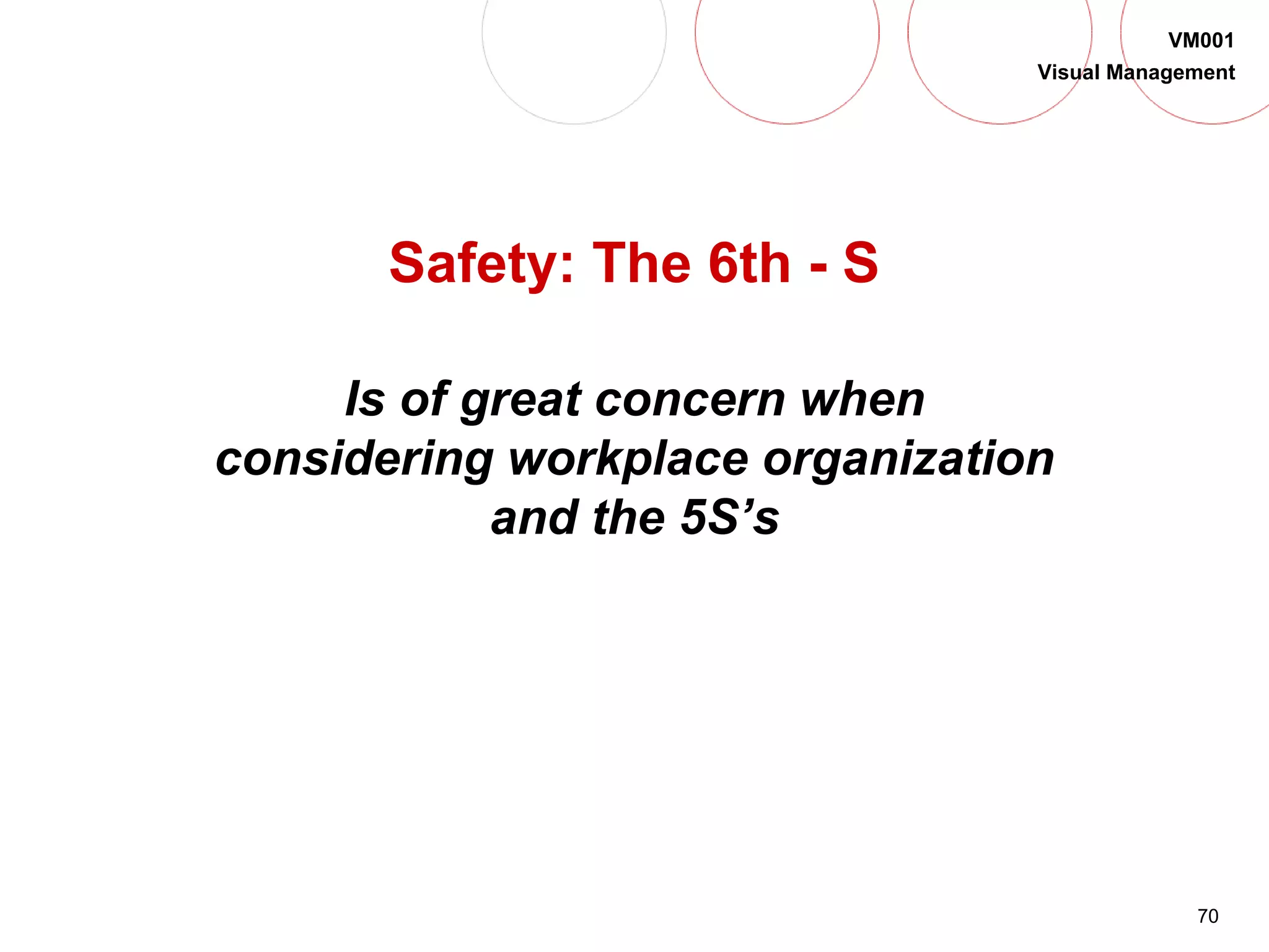 70
VM001
Visual Management
Safety: The 6th - S
Is of great concern when
considering workplace organization
and the 5S’s
 