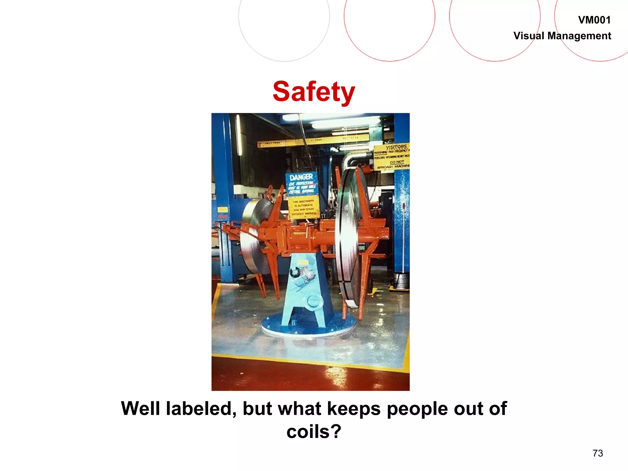 73
VM001
Visual Management
Safety
Well labeled, but what keeps people out of
coils?
 