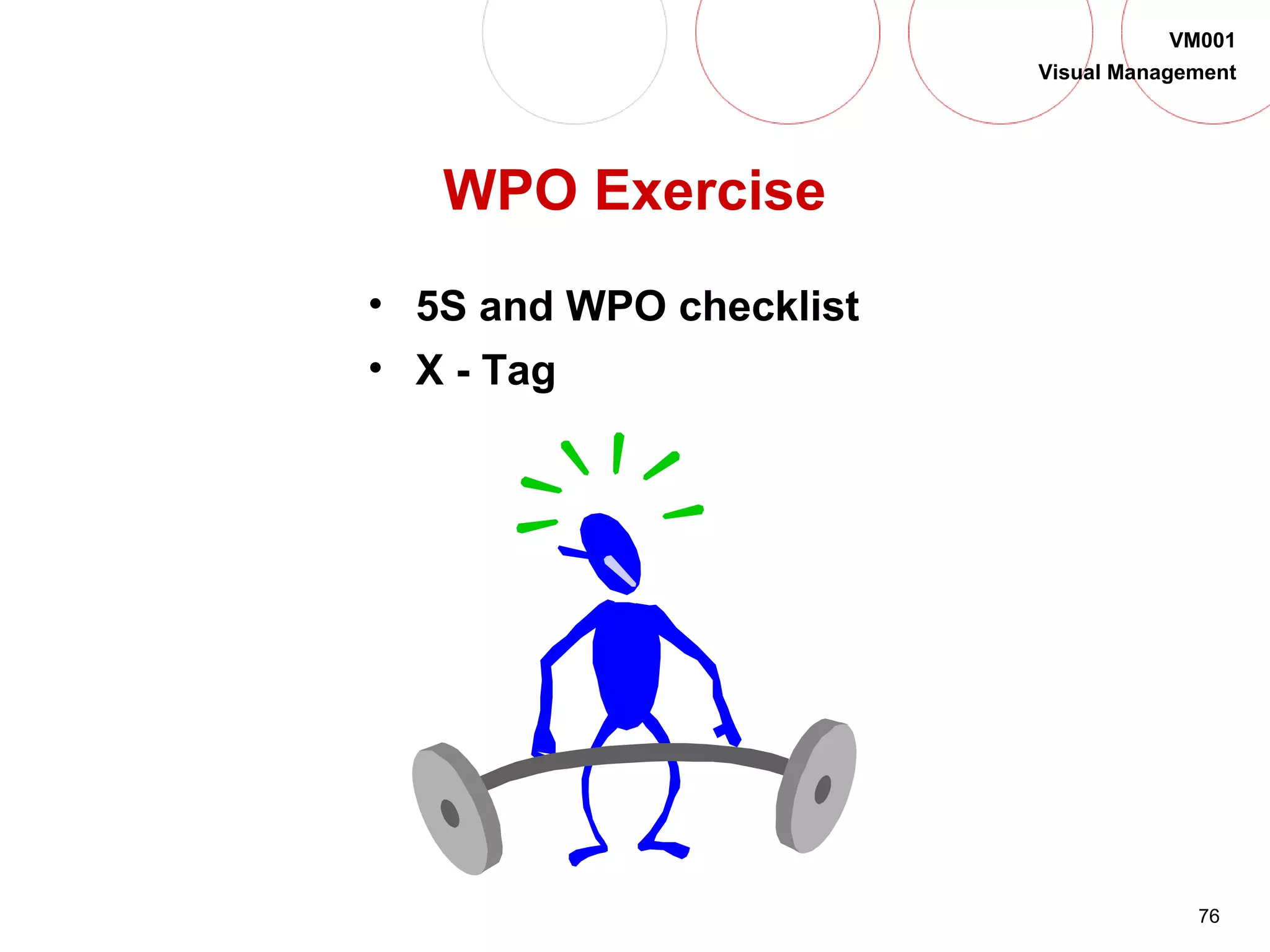 76
VM001
Visual Management
WPO Exercise
• 5S and WPO checklist
• X - Tag
 