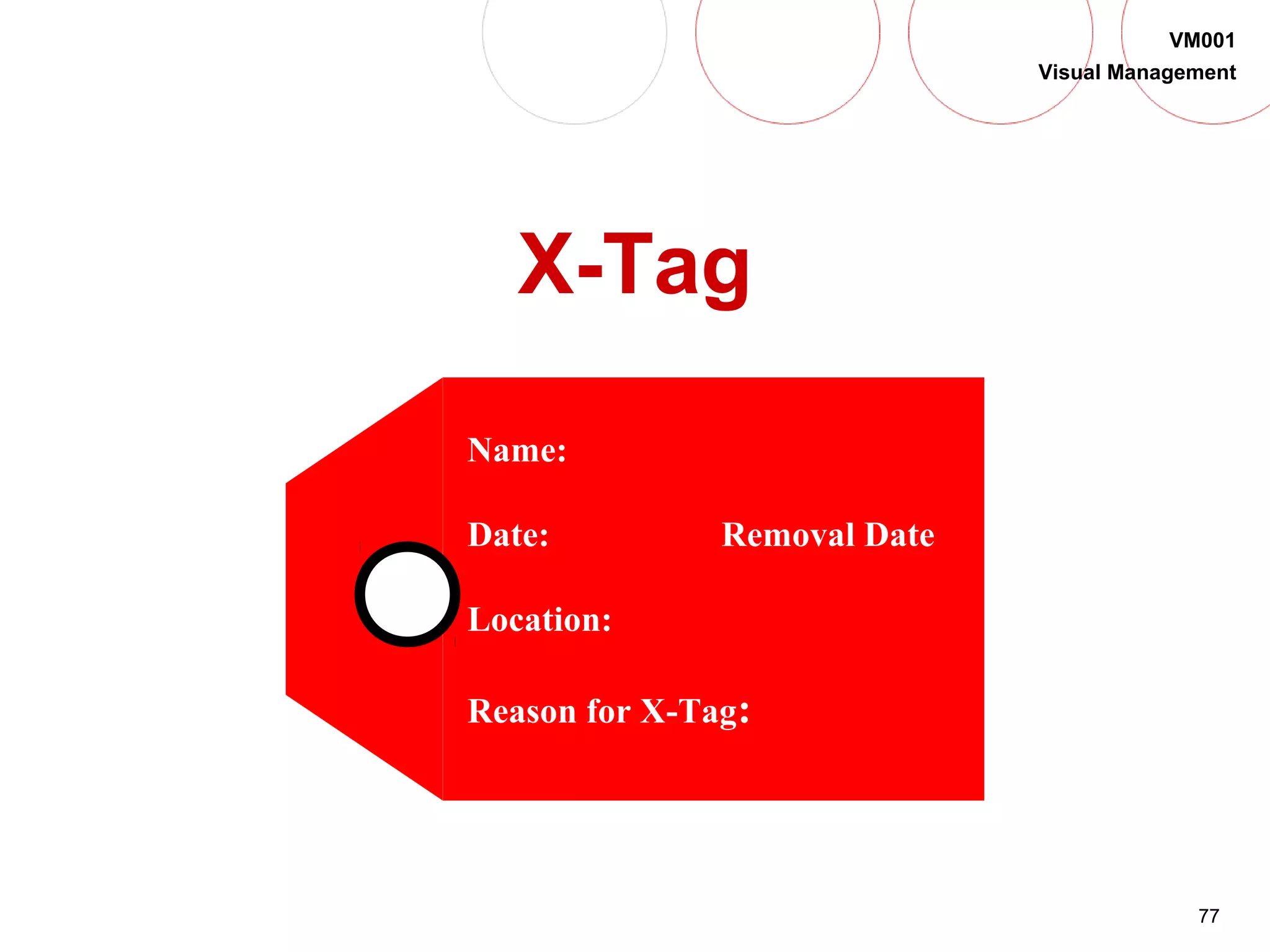 77
VM001
Visual Management
X-Tag
Name:
Date: Removal Date
Location:
Reason for X-Tag:
 