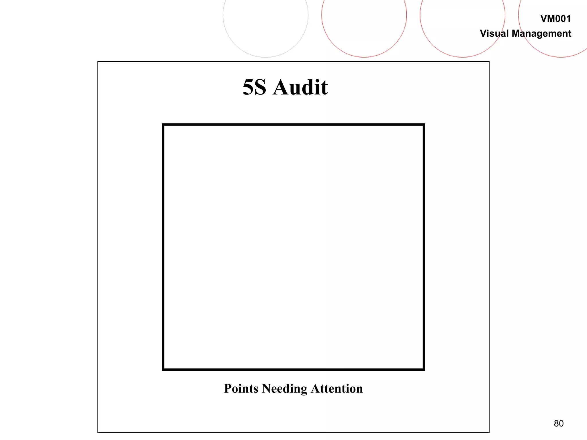 80
VM001
Visual Management
5S Audit
Points Needing Attention
 