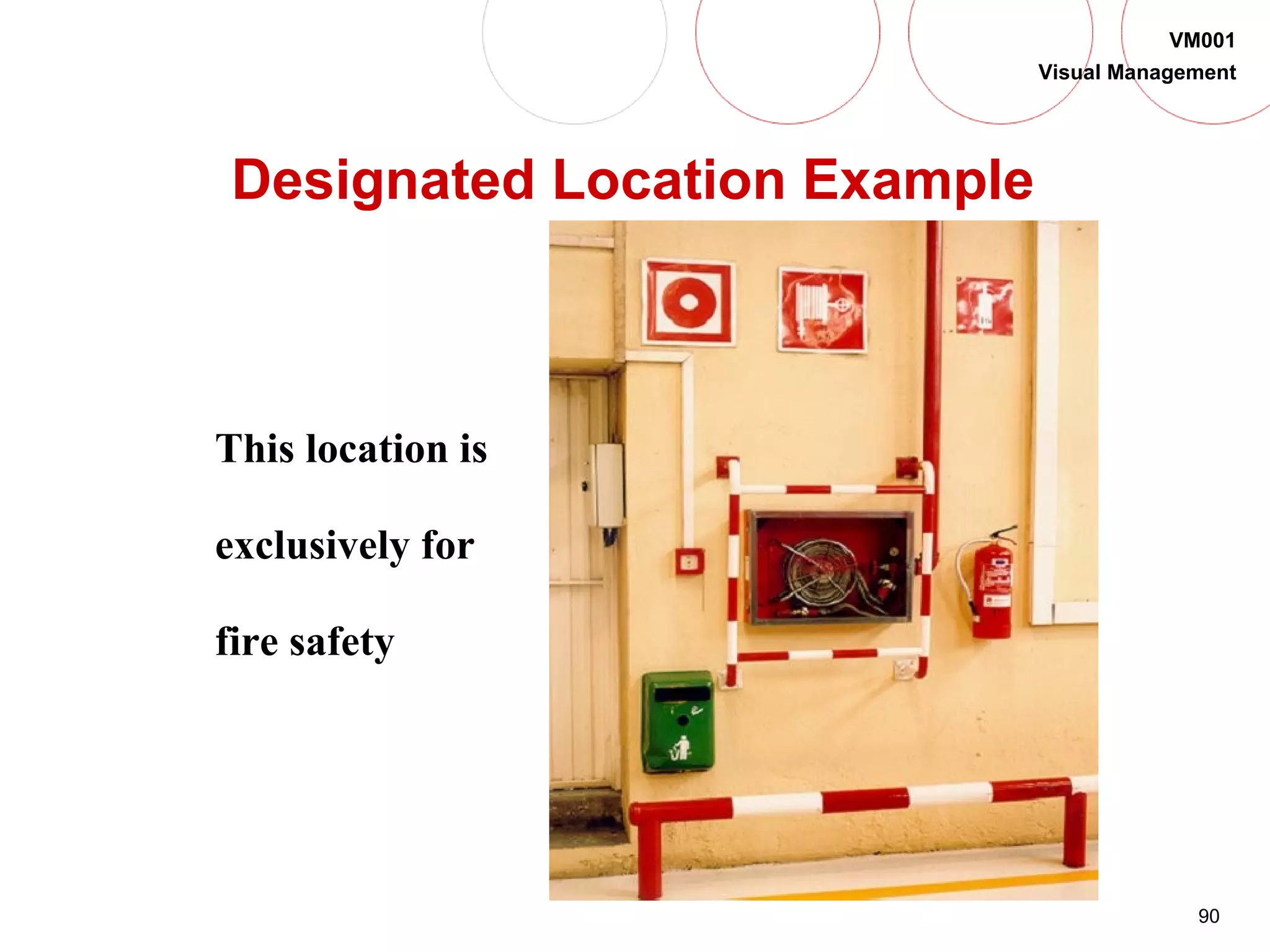 90
VM001
Visual Management
Designated Location Example
This location is
exclusively for
fire safety
 