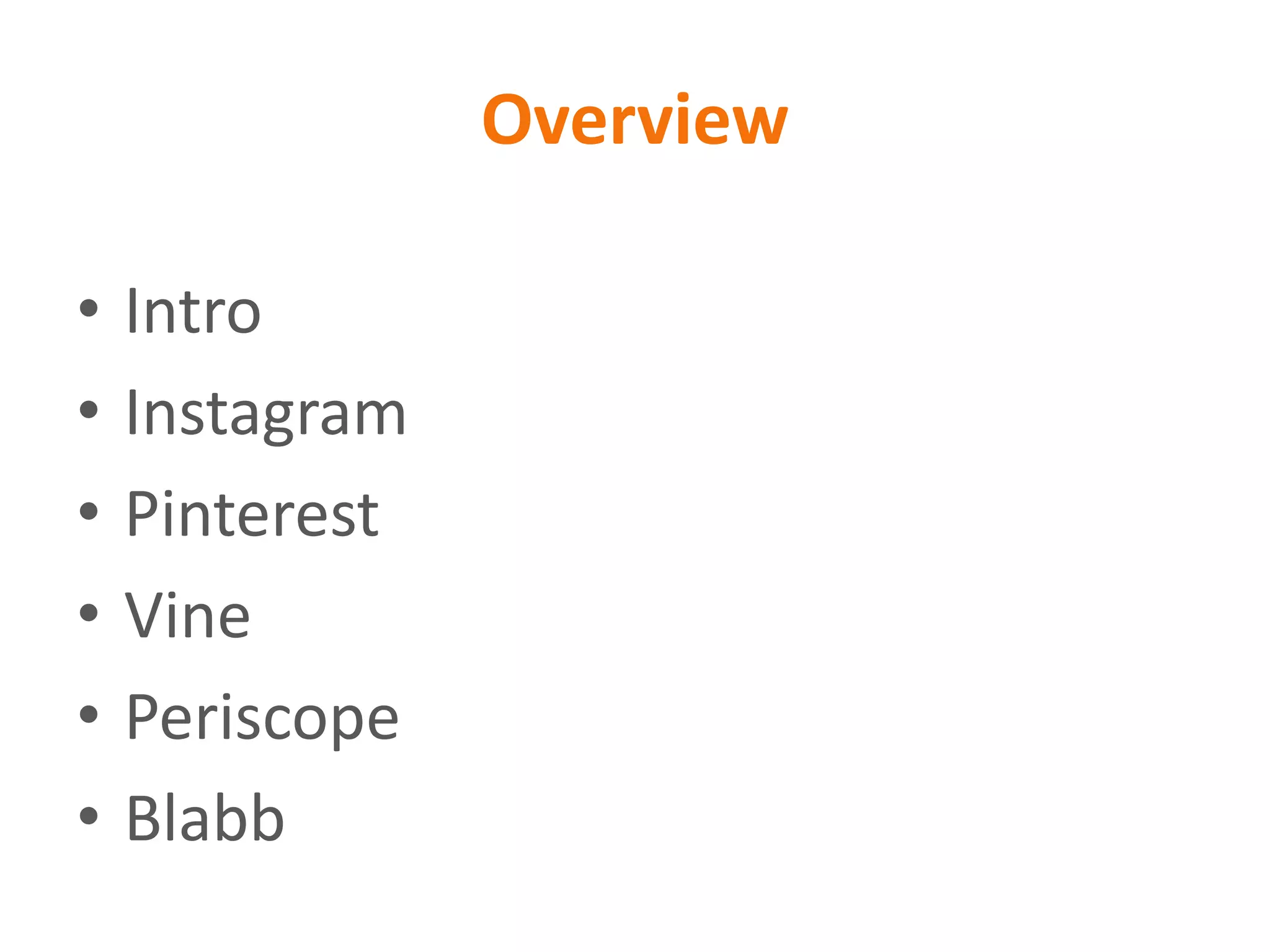 Overview
• Intro
• Instagram
• Pinterest
• Vine
• Periscope
• Blabb
 