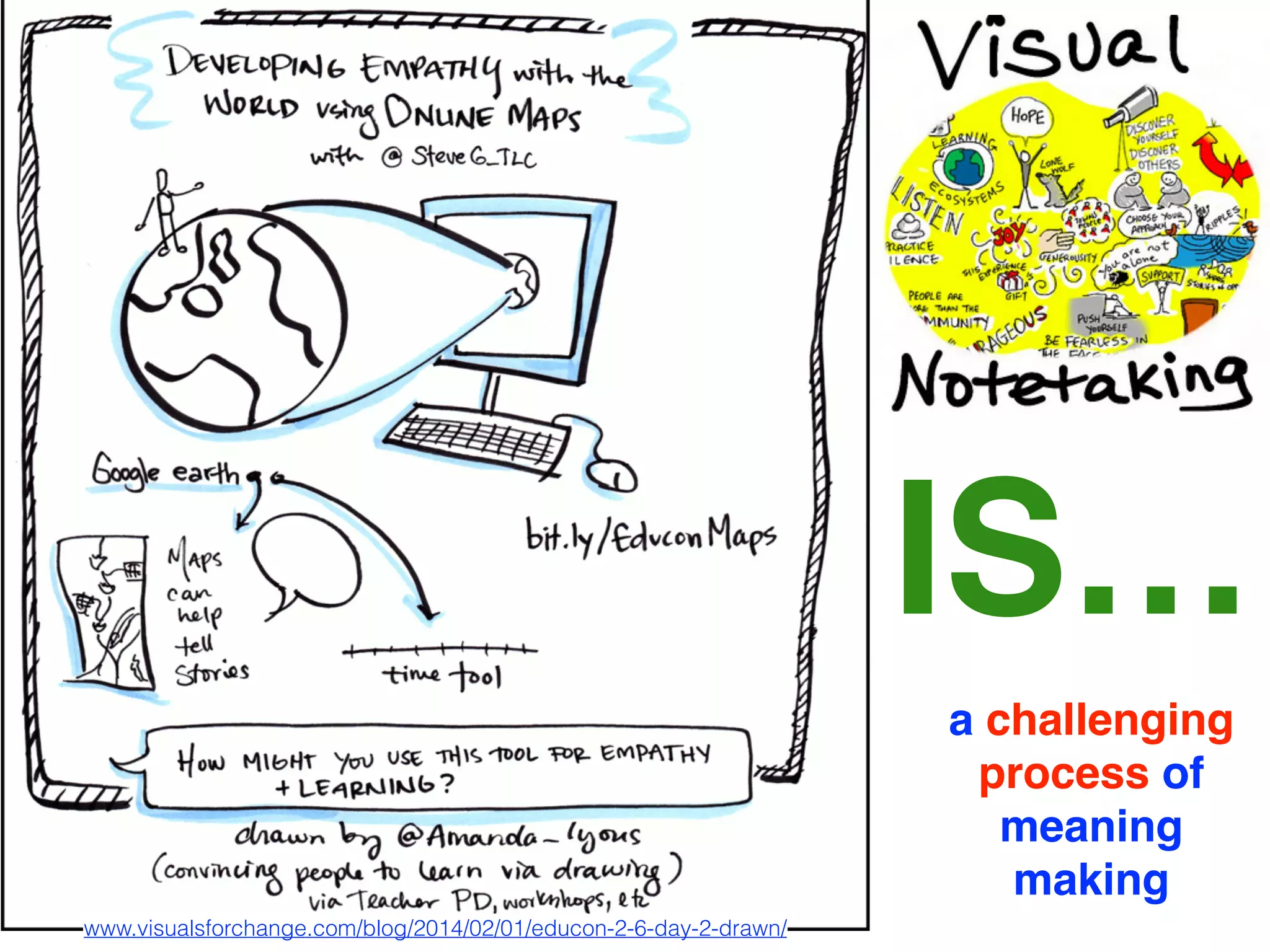 IS…
www.visualsforchange.com/blog/2014/02/01/educon-2-6-day-2-drawn/
a challenging!
process of!
meaning!
making
 