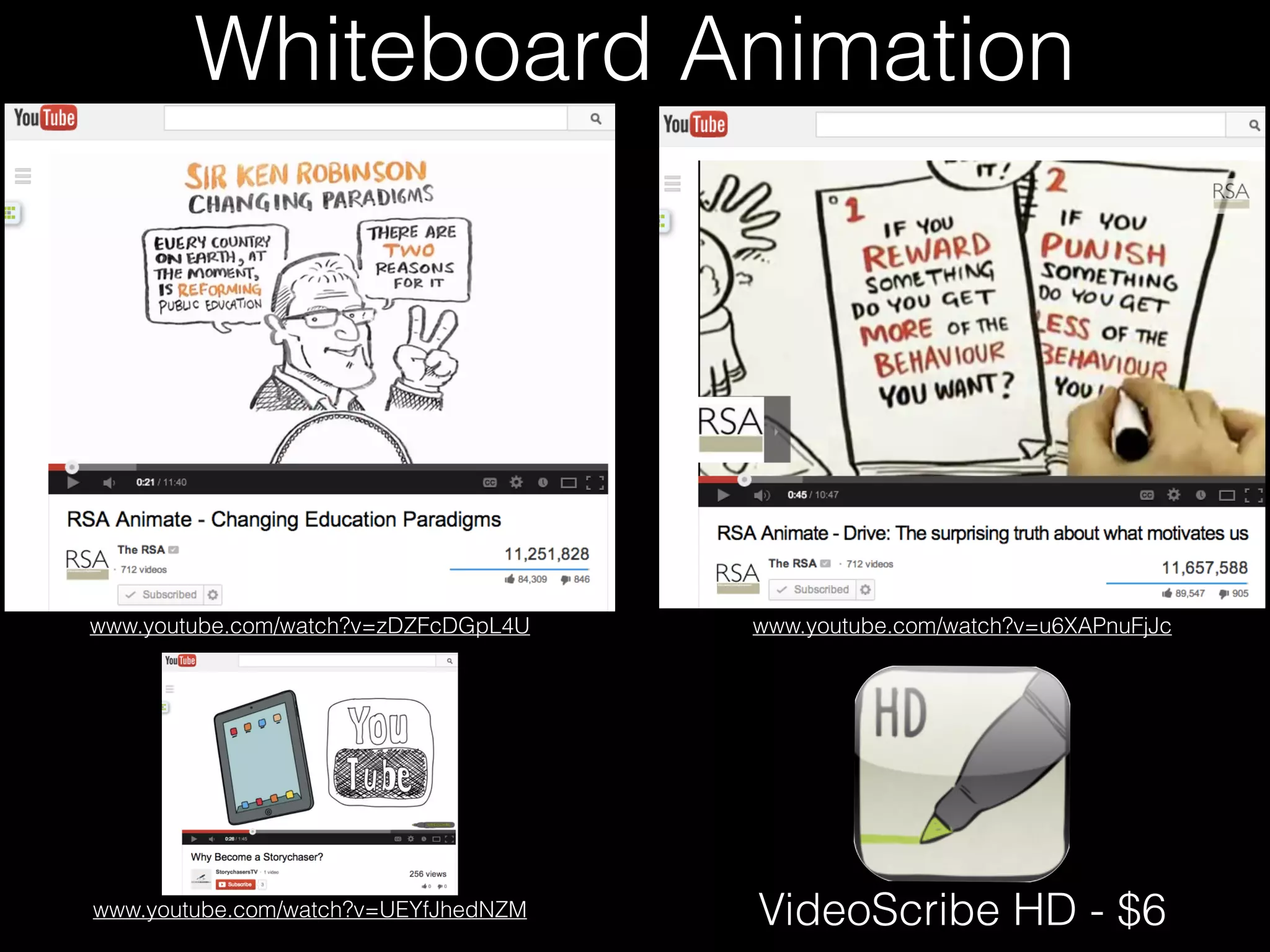 www.youtube.com/watch?v=zDZFcDGpL4U
Whiteboard Animation
www.youtube.com/watch?v=u6XAPnuFjJc
www.youtube.com/watch?v=UEYfJhedNZM VideoScribe HD - $6
 