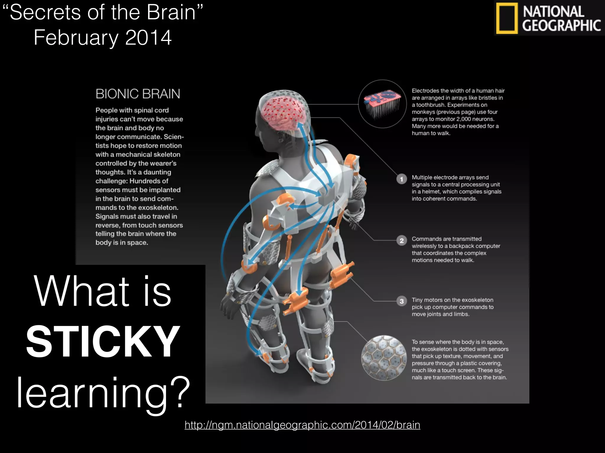 http://ngm.nationalgeographic.com/2014/02/brain
“Secrets of the Brain”
February 2014
What is
STICKY!
learning?
 