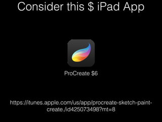 Consider this $ iPad App
https://itunes.apple.com/us/app/procreate-sketch-paint-
create./id425073498?mt=8
ProCreate $6
 