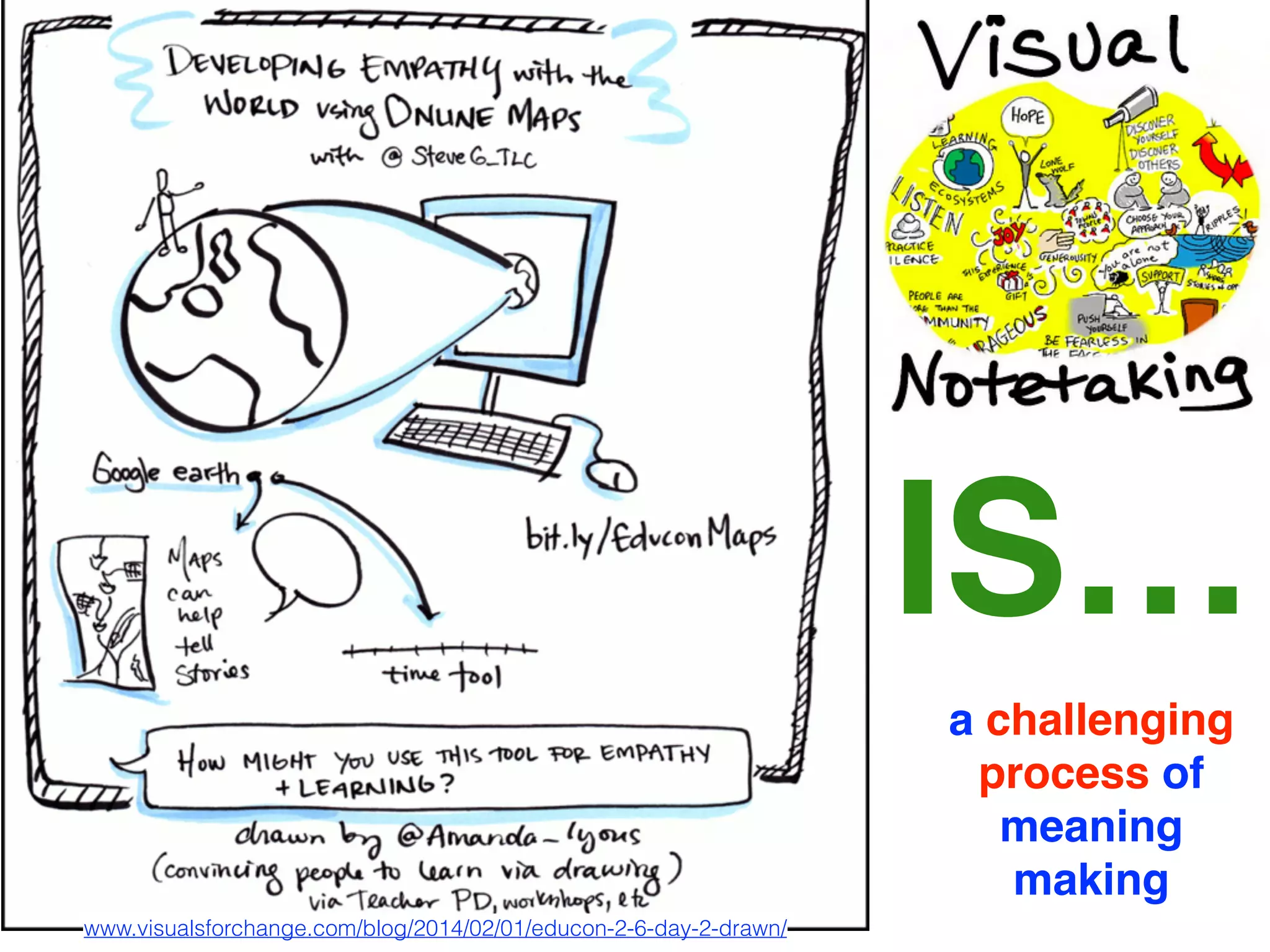 IS…
www.visualsforchange.com/blog/2014/02/01/educon-2-6-day-2-drawn/
a challenging
process of
meaning
making
 