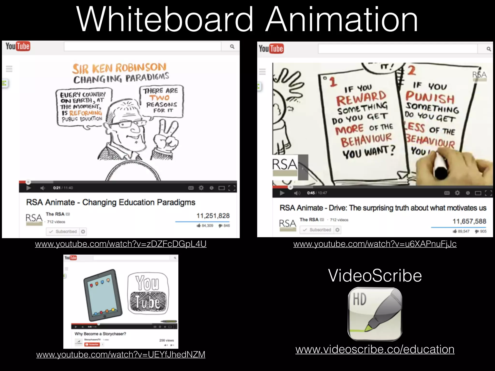 www.youtube.com/watch?v=zDZFcDGpL4U
Whiteboard Animation
www.youtube.com/watch?v=u6XAPnuFjJc
www.youtube.com/watch?v=UEYfJhedNZM
VideoScribe
www.videoscribe.co/education
 