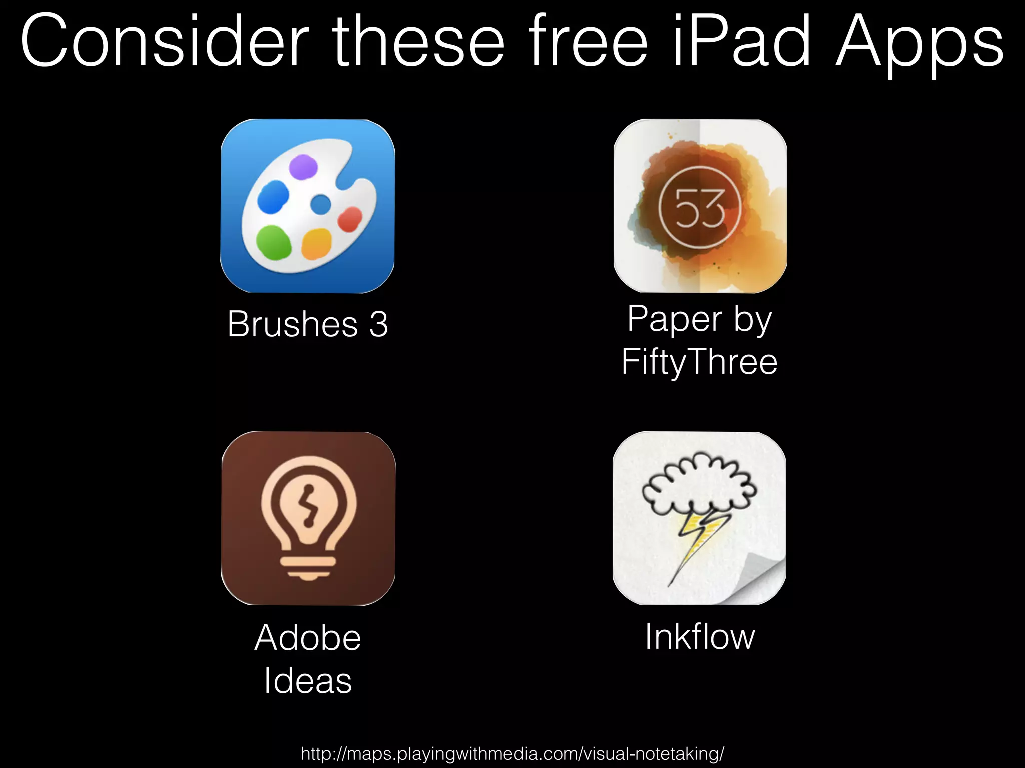 Consider these free iPad Apps
Brushes 3 Paper by
FiftyThree
Adobe
Ideas
Inkﬂow
http://maps.playingwithmedia.com/visual-notetaking/
 
