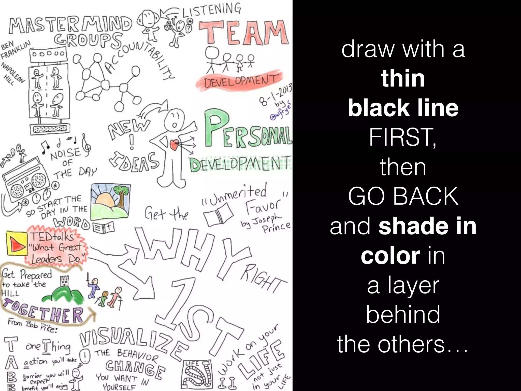 draw with a
thin
black line
FIRST,
then
GO BACK
and shade in
color in
a layer
behind
the others…
 