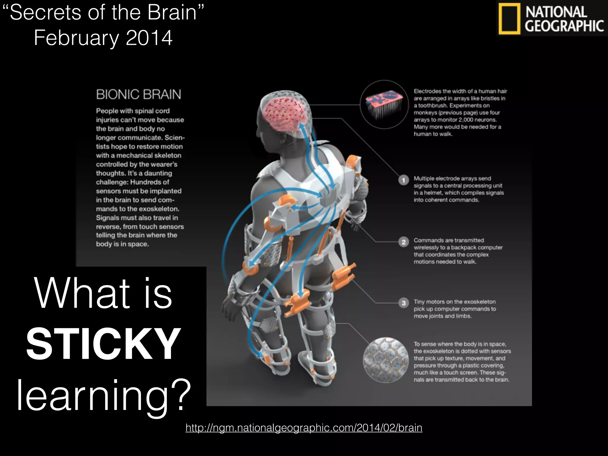 http://ngm.nationalgeographic.com/2014/02/brain
“Secrets of the Brain”
February 2014
What is
STICKY
learning?
 