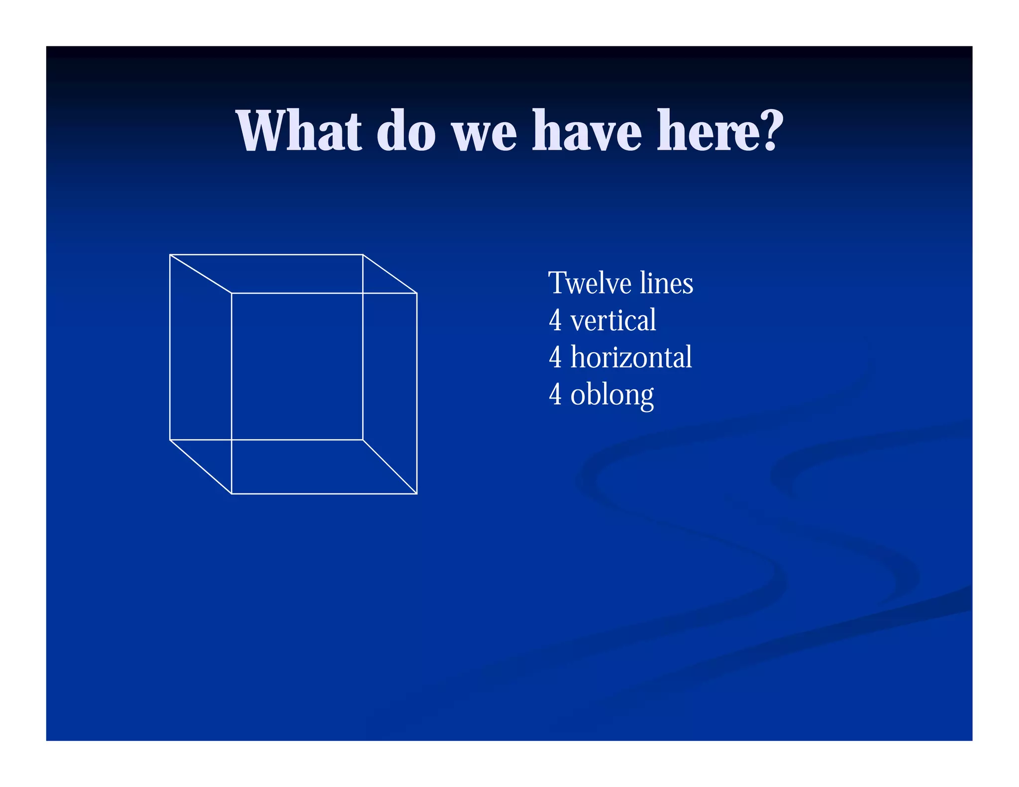 What do we have here?

           Twelve lines
           4 vertical
           4 horizontal
           4 oblong
 