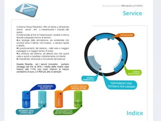 Service

Il sistema Visual Resolution offre al cliente e all’azienda
diversi servizi , atti a massimizzare l’ impulso alla
spesa.
Fondamentale al ﬁne di massimizzare i risultati è tutta la
ﬁlosoﬁa sviluppata intorno al servizio:
•La tipologia della stimolazione, sia ambientale che
emotiva verso il cliente, mai invasiva , e sempre rapida
e diretta;
•Il posizionamento del sistema , nelle aree a maggior
passaggio e a maggior tempo di sosta;
•La struttura del sistema, ad altezza viso che quindi
vada a quindi a impattare costantemente col cliente:
•L’interattività ,dinamicità e innovatività del sistema!
Questa ﬁlosoﬁa , ed i servizi innovativi, portano
vantaggi dal 5% al 25% ( media delle nostre case
history dell 11%) con costi inferiori al mezzo
centesimo di euro, e il ROI più alto di sempre!




                                                               Indice
 