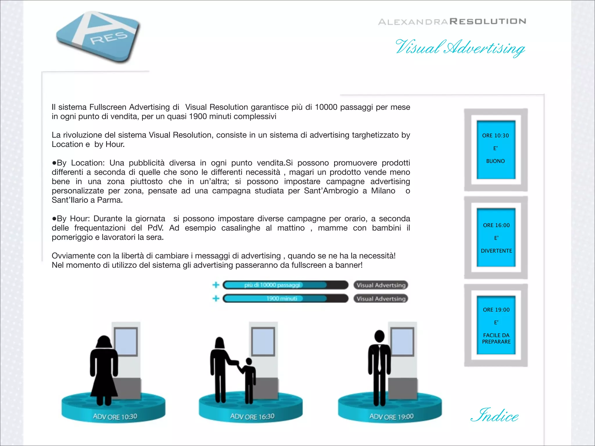 Visual Advertising

Il sistema Fullscreen Advertising di Visual Resolution garantisce più di 10000 passaggi per mese
in ogni punto di vendita, per un quasi 1900 minuti complessivi

La rivoluzione del sistema Visual Resolution, consiste in un sistema di advertising targhetizzato by      ORE 10:30
Location e by Hour.                                                                                          E’


•By Location: Una pubblicità diversa in ogni punto vendita.Si possono promuovere prodotti                  BUONO

differenti a seconda di quelle che sono le differenti necessità , magari un prodotto vende meno
bene in una zona piuttosto che in un’altra; si possono impostare campagne advertising
personalizzate per zona, pensate ad una campagna studiata per Sant’Ambrogio a Milano o
Sant’Ilario a Parma.

•By Hour: Durante la giornata si possono impostare diverse campagne per orario, a seconda                 ORE 16:00
delle frequentazioni del PdV. Ad esempio casalinghe al mattino , mamme con bambini il
pomeriggio e lavoratori la sera.                                                                              E’

                                                                                                          DIVERTENTE
Ovviamente con la libertà di cambiare i messaggi di advertising , quando se ne ha la necessità!
Nel momento di utilizzo del sistema gli advertising passeranno da fullscreen a banner!




                                                                                                          ORE 19:00

                                                                                                              E’

                                                                                                          FACILE DA
                                                                                                          PREPARARE




                                                                                                         Indice
 