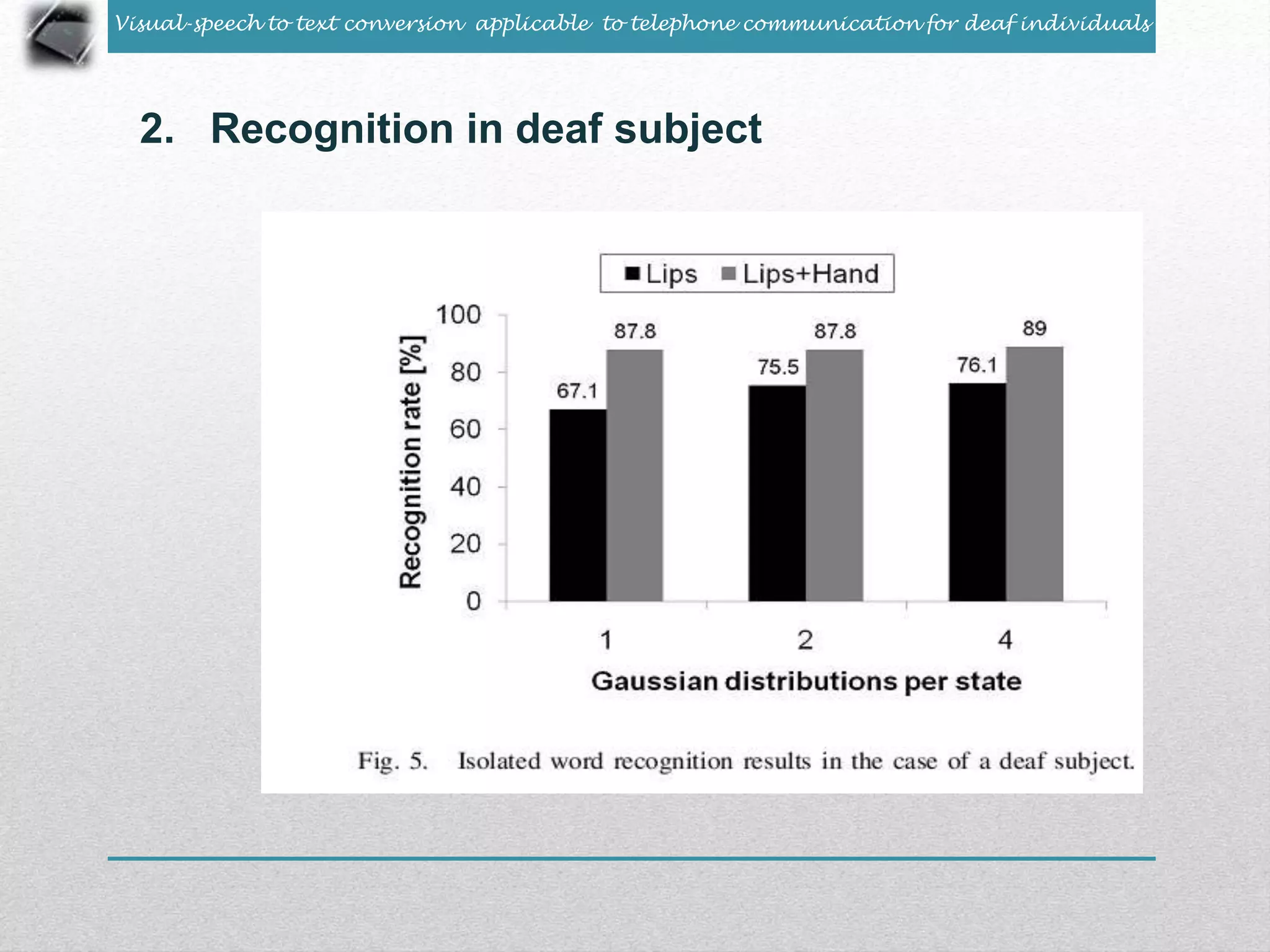 Visual-speech to text conversion applicable to telephone communication for deaf individuals 
2. Recognition in deaf subject 
 