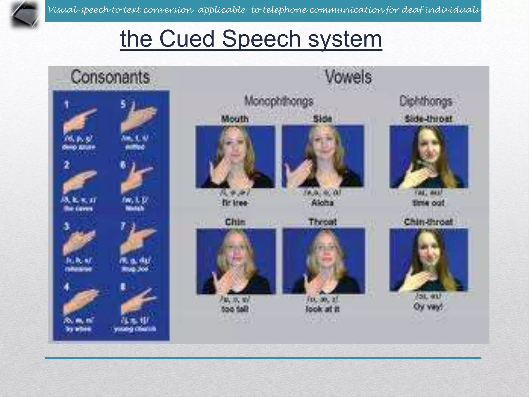 Visual-speech to text conversion applicable to telephone communication for deaf individuals 
the Cued Speech system 
 