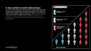 4. Use content to build relationships:                                   Conversation mix
Too much of the coordination across screens is still
broadcasting what is happening somewhere else. Knowing the
audience, their needs and what they ﬁnd valuable allows the               FEATURE: Strictly related to
                                                                          product features
story to be tailored in ways that are unique to the audience,
                                                                  25%
platform and context. Keeping each of these in mind while
creating content ensures we're always surprising and delighting
our audience with great content whenever they're ready to
interact with it.                                                         BRAND: Related but not strictly
                                                                          product focused
                                                                  25%


                                                                          TOPIC: directly related to
                                                                          brand but not purely
                                                                          brand message
                                                                  50 %




                                                                         Volume of Content
 
