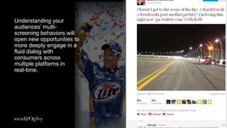 Understanding your
audiences multi-
screening behaviors
will open new
opportunities to more
deeply engage in a
ﬂuid dialog with
consumers across
multiple platforms in
real-time.
 