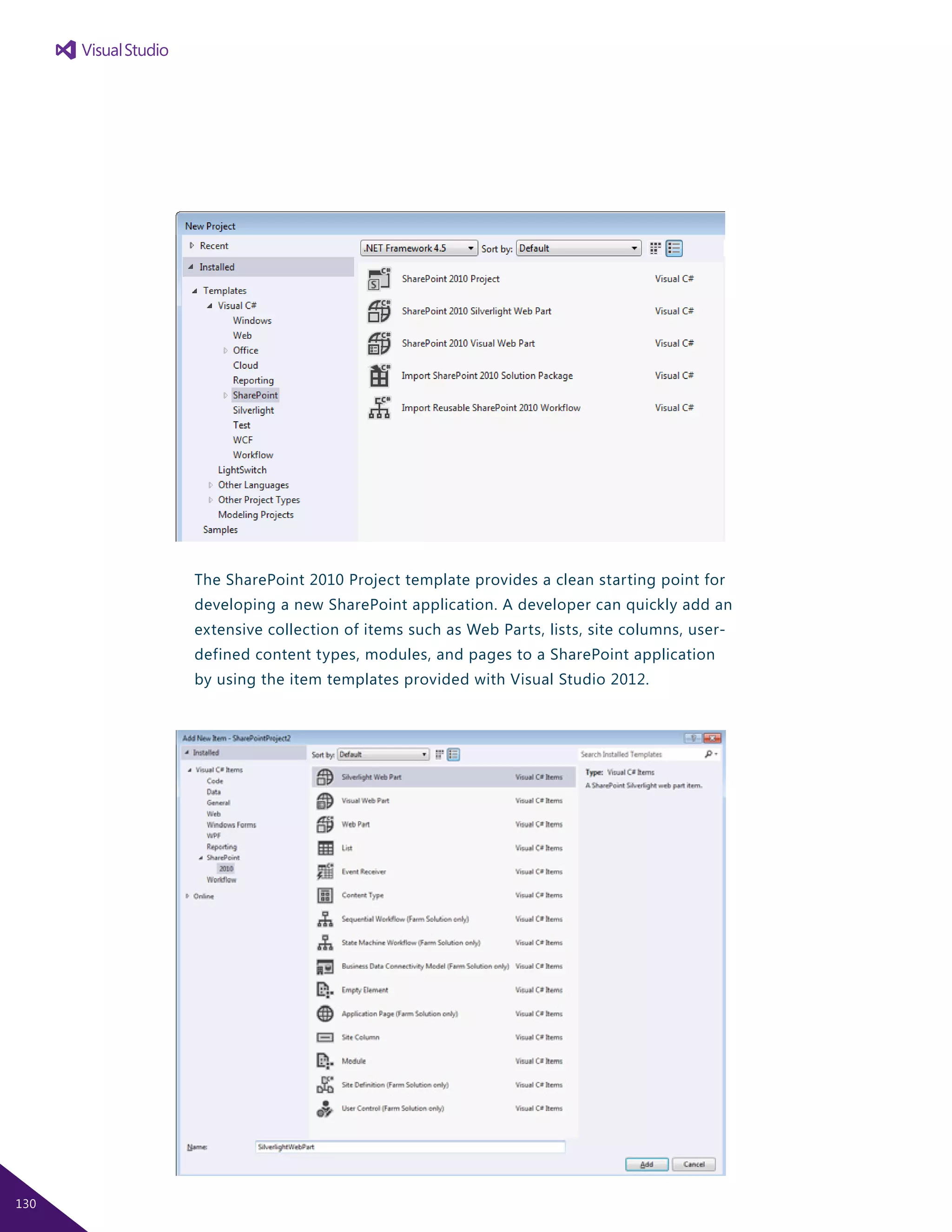 The SharePoint 2010 Project template provides a clean starting point for
developing a new SharePoint application. A developer can quickly add an
extensive collection of items such as Web Parts, lists, site columns, user-
defined content types, modules, and pages to a SharePoint application
by using the item templates provided with Visual Studio 2012.
130
 
