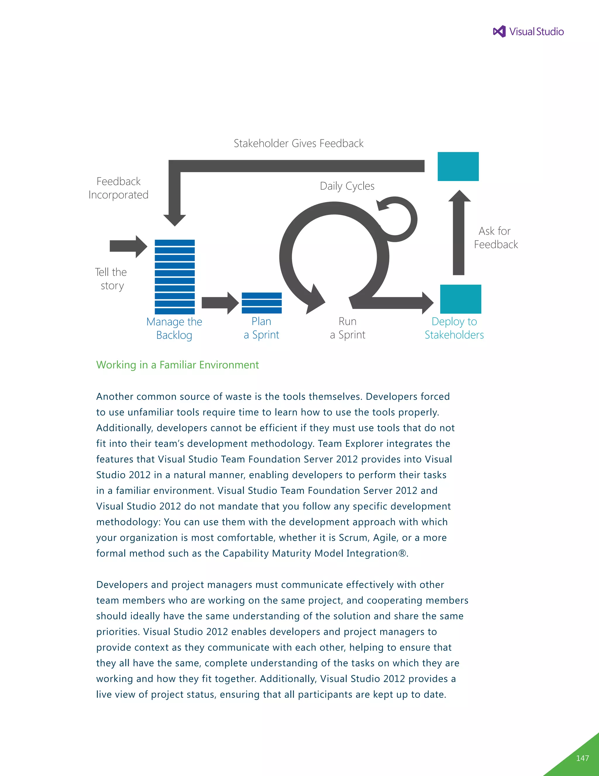 Working in a Familiar Environment
Another common source of waste is the tools themselves. Developers forced
to use unfamiliar tools require time to learn how to use the tools properly.
Additionally, developers cannot be efficient if they must use tools that do not
fit into their team’s development methodology. Team Explorer integrates the
features that Visual Studio Team Foundation Server 2012 provides into Visual
Studio 2012 in a natural manner, enabling developers to perform their tasks
in a familiar environment. Visual Studio Team Foundation Server 2012 and
Visual Studio 2012 do not mandate that you follow any specific development
methodology: You can use them with the development approach with which
your organization is most comfortable, whether it is Scrum, Agile, or a more
formal method such as the Capability Maturity Model Integration®.
Developers and project managers must communicate effectively with other
team members who are working on the same project, and cooperating members
should ideally have the same understanding of the solution and share the same
priorities. Visual Studio 2012 enables developers and project managers to
provide context as they communicate with each other, helping to ensure that
they all have the same, complete understanding of the tasks on which they are
working and how they fit together. Additionally, Visual Studio 2012 provides a
live view of project status, ensuring that all participants are kept up to date.
Stakeholder Gives Feedback
Feedback
Incorporated
Daily Cycles
Run
a Sprint
Plan
a Sprint
Manage the
Backlog
Tell the
story
Ask for
Feedback
Deploy to
Stakeholders
147
 