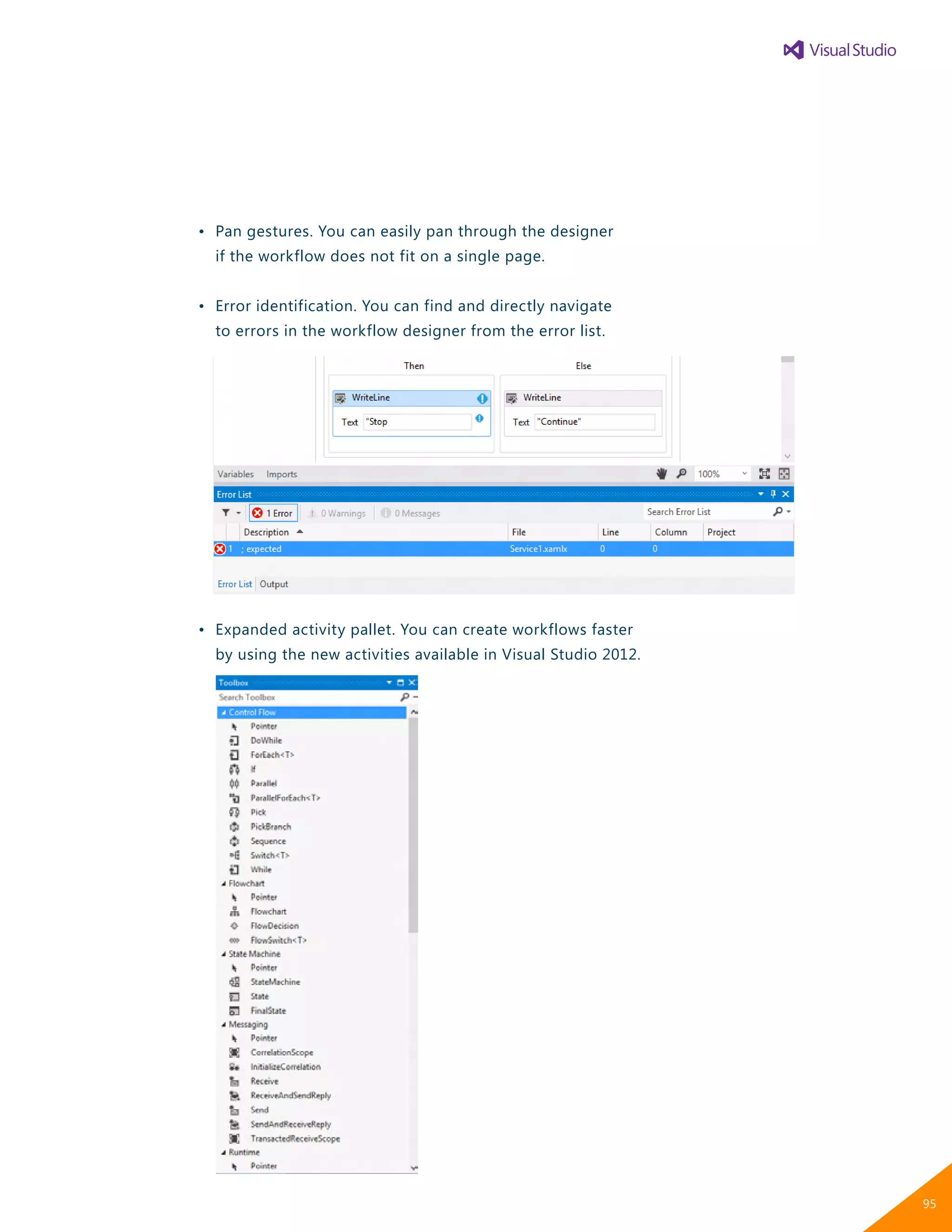 •	 Pan gestures. You can easily pan through the designer
		 if the workflow does not fit on a single page.
	 •	 Error identification. You can find and directly navigate
		 to errors in the workflow designer from the error list.
	 •	 Expanded activity pallet. You can create workflows faster
		 by using the new activities available in Visual Studio 2012.
95
 