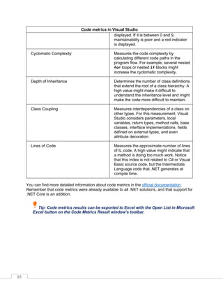 81
Code metrics in Visual Studio
displayed. If it is between 0 and 9,
maintainability is poor and a red indicator
is displayed.
Cyclomatic Complexity Measures the code complexity by
calculating different code paths in the
program flow. For example, several nested
for loops or nested if blocks might
increase the cyclomatic complexity.
Depth of Inheritance Determines the number of class definitions
that extend the root of a class hierarchy. A
high value might make it difficult to
understand the inheritance level and might
make the code more difficult to maintain.
Class Coupling Measures interdependencies of a class on
other types. For this measurement, Visual
Studio considers parameters, local
variables, return types, method calls, base
classes, interface implementations, fields
defined on external types, and even
attribute decoration.
Lines of Code Measures the approximate number of lines
of IL code. A high value might indicate that
a method is doing too much work. Notice
that this index is not related to C# or Visual
Basic source code, but the Intermediate
Language code that .NET generates at
compile time.
You can find more detailed information about code metrics in the official documentation.
Remember that code metrics were already available to all .NET solutions, and that support for
.NET Core is an addition.
Tip: Code metrics results can be exported to Excel with the Open List in Microsoft
Excel button on the Code Metrics Result window’s toolbar.
 