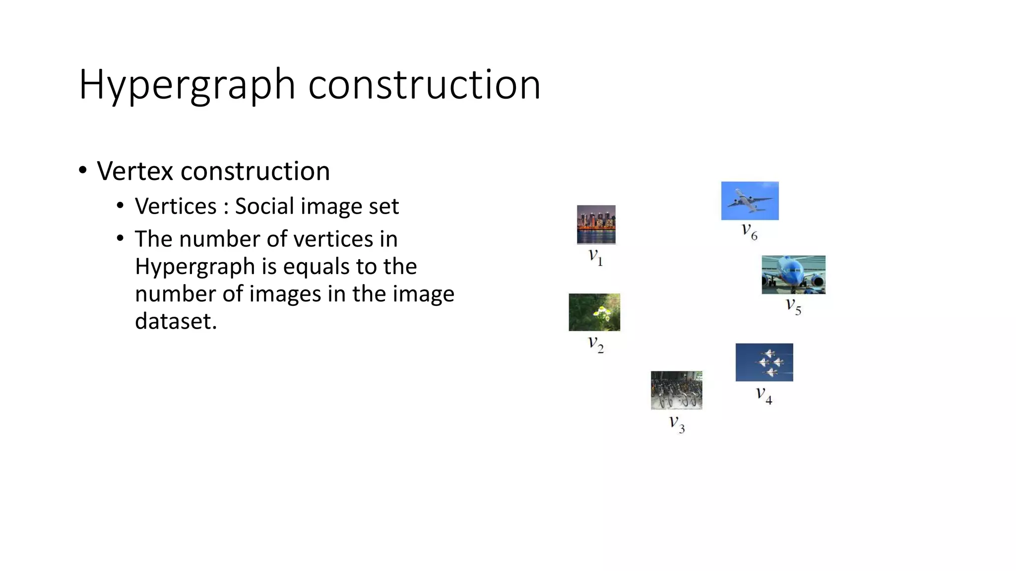 Hypergraph construction
• Vertex construction
• Vertices : Social image set
• The number of vertices in
Hypergraph is equals to the
number of images in the image
dataset.
 