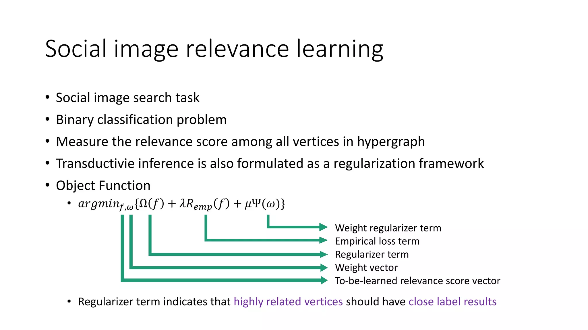 Social image relevance learning
• Social image search task
• Binary classification problem
• Measure the relevance score among all vertices in hypergraph
• Transductivie inference is also formulated as a regularization framework
• Object Function
• 𝑎𝑟𝑔𝑚𝑖𝑛 𝑓,𝜔{Ω 𝑓 + 𝜆𝑅 𝑒𝑚𝑝 𝑓 + 𝜇Ψ(𝜔)}
• Regularizer term indicates that highly related vertices should have close label results
Weight regularizer term
Empirical loss term
Regularizer term
Weight vector
To-be-learned relevance score vector
 
