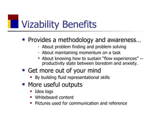Vizability Benefits Provides a methodology and awareness… About problem finding and problem solving About maintaining momentum on a task About knowing how to sustain “flow experiences” -- productivity state between boredom and anxiety. Get more out of your mind By building fluid representational skills More useful outputs Idea logs Whiteboard content Pictures used for communication and reference 