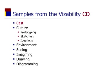 Samples from the Vizability  CD Cast Culture Prototyping  Sketching  Idea logs  Environment Seeing Imagining Drawing Diagramming 