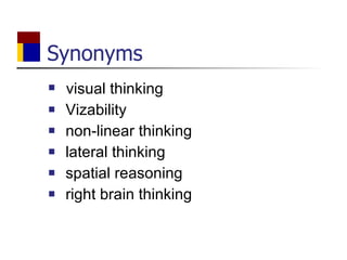 Synonyms visual thinking Vizability non-linear thinking lateral thinking spatial reasoning right brain thinking  