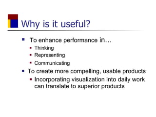 Why is it useful? To enhance performance  in… Thinking Representing Communicating   To create more compelling, usable products Incorporating visualization into daily work can translate to superior products  