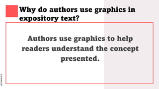 SLIDESMANIA.COM
Why do authors use graphics in
expository text?
Authors use graphics to help
readers understand the concept
presented.
 