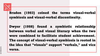SLIDESMANIA.COM
SLIDESMANIA.COM
Braden (1983) coined the terms visual-verbal
symbiosis and visual-verbal discontinuity.
Dwyer (1988) found a symbiotic relationship
between verbal and visual literacy when the two
were combined to facilitate student achievement.
The concept of visual-verbal symbiosis is rooted in
the idea that "visuals" support "verbals," and vice
versa.
 