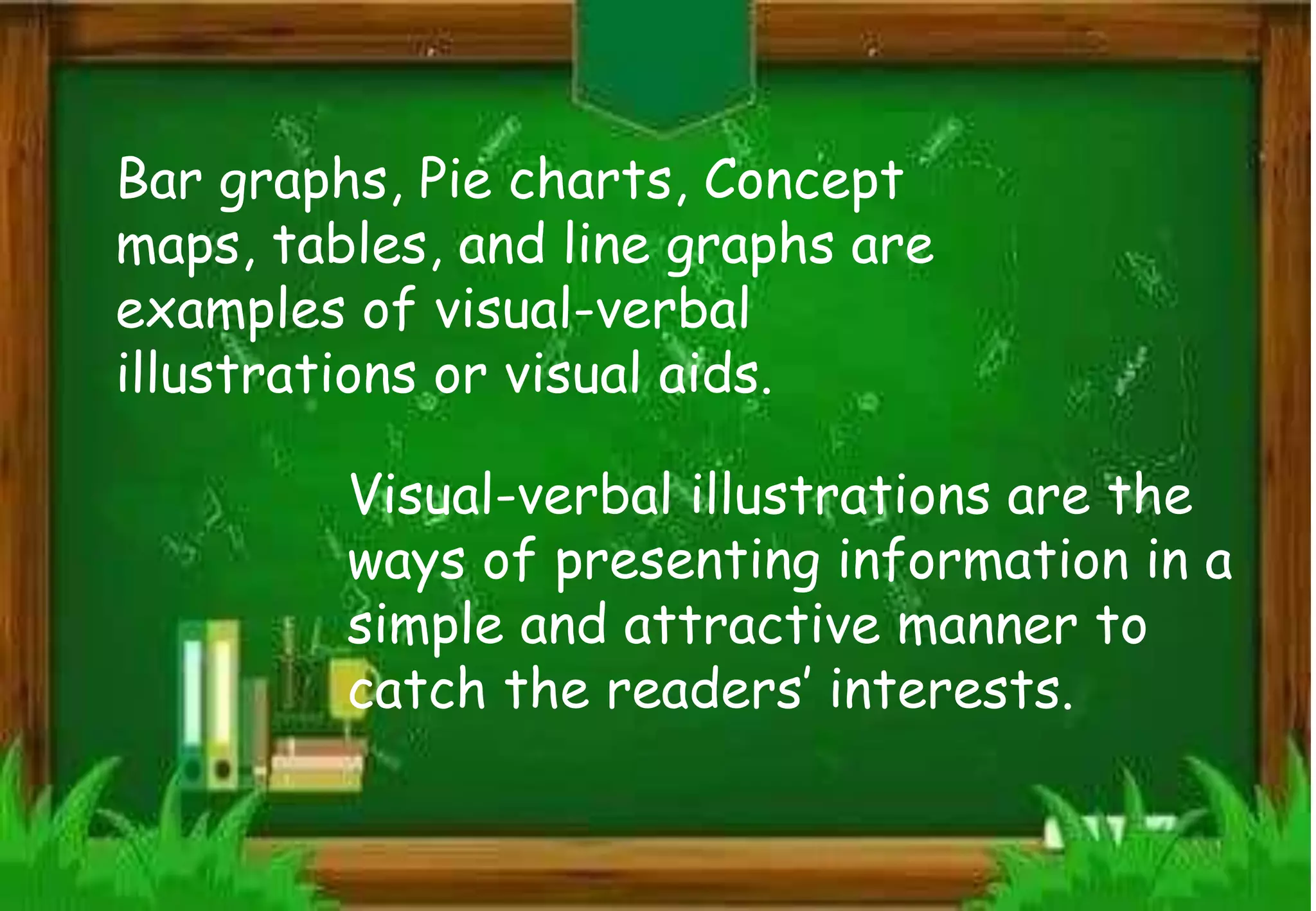 Bar graphs, Pie charts, Concept
maps, tables, and line graphs are
examples of visual-verbal
illustrations or visual aids.
Visual-verbal illustrations are the
ways of presenting information in a
simple and attractive manner to
catch the readers’ interests.
 
