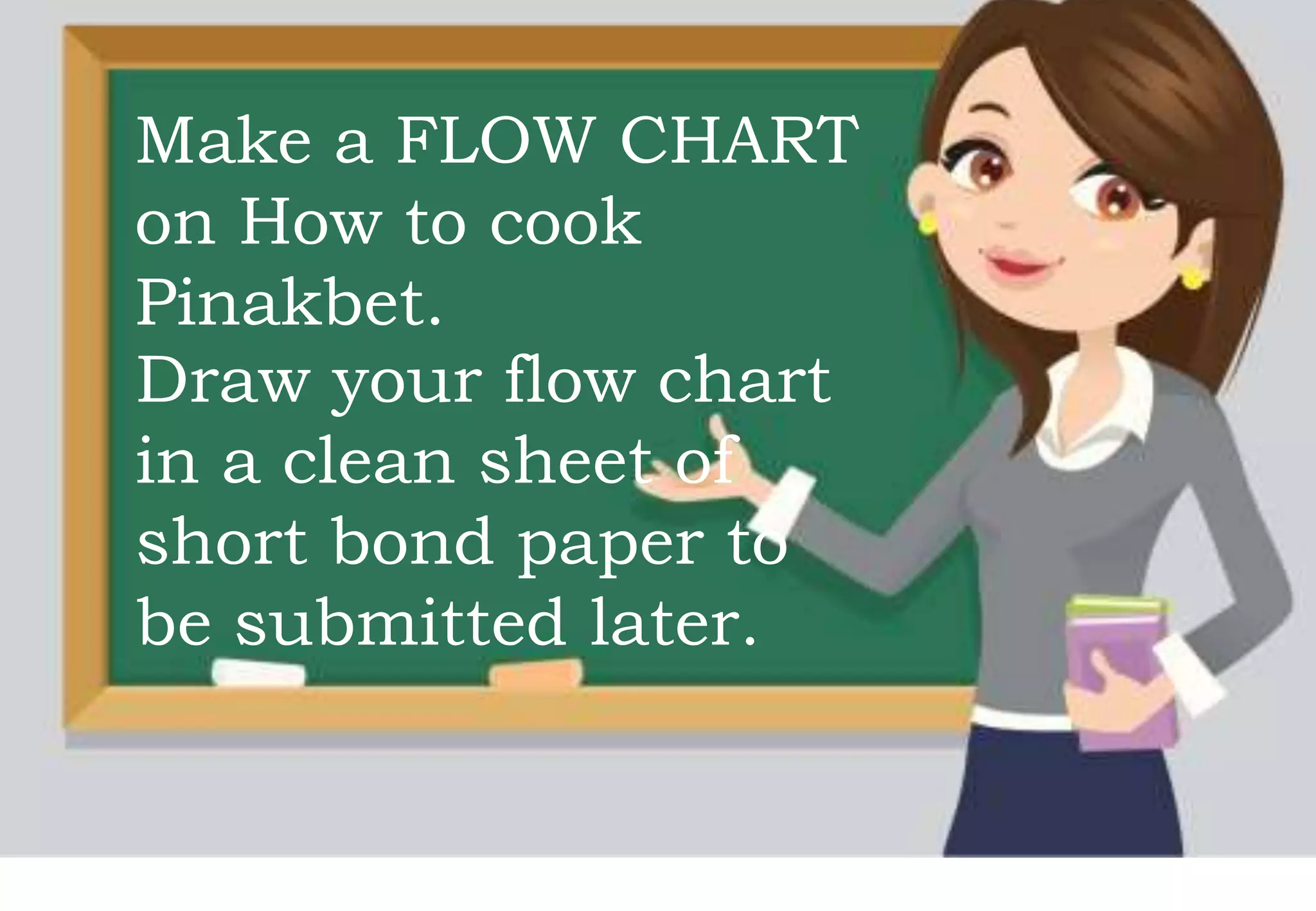 Make a FLOW CHART
on How to cook
Pinakbet.
Draw your flow chart
in a clean sheet of
short bond paper to
be submitted later.
 