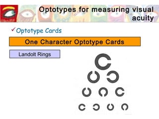 Optotypes for measuring visual
acuity
Optotype Cards
One Character Optotype Cards
Landolt Rings
 