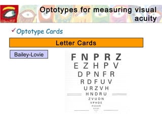 Optotypes for measuring visual
acuity
Optotype Cards
Letter Cards
Bailey-Lovie
 