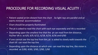 PROCEDURE FOR RECORDING VISUAL ACUITY :
• Patient seated at 6m distant from the chart .So light rays are parallel and pt
exerts minimal accommodation
• Chart should be properly illuminated
• The pt is asked to read the chart with each eye separately and VA is recorded
• Depending upon the smallest line that the pt can read from 6m distance,
his/her VA is as 6/6, 6/9, 6/12, 6/18, 6/24, 6/36 and 6/60
• If one cannot see the top line from 6m, pt is asked to slowly walk towards the
chart till can read the top line
• Depending upon the distance at which one can read the top line, the vision is
recorded as 5/60, 4/60, 3/60, 2/60, 1/60
 