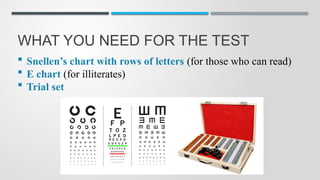 WHAT YOU NEED FOR THE TEST
 Snellen’s chart with rows of letters (for those who can read)
 E chart (for illiterates)
 Trial set
 