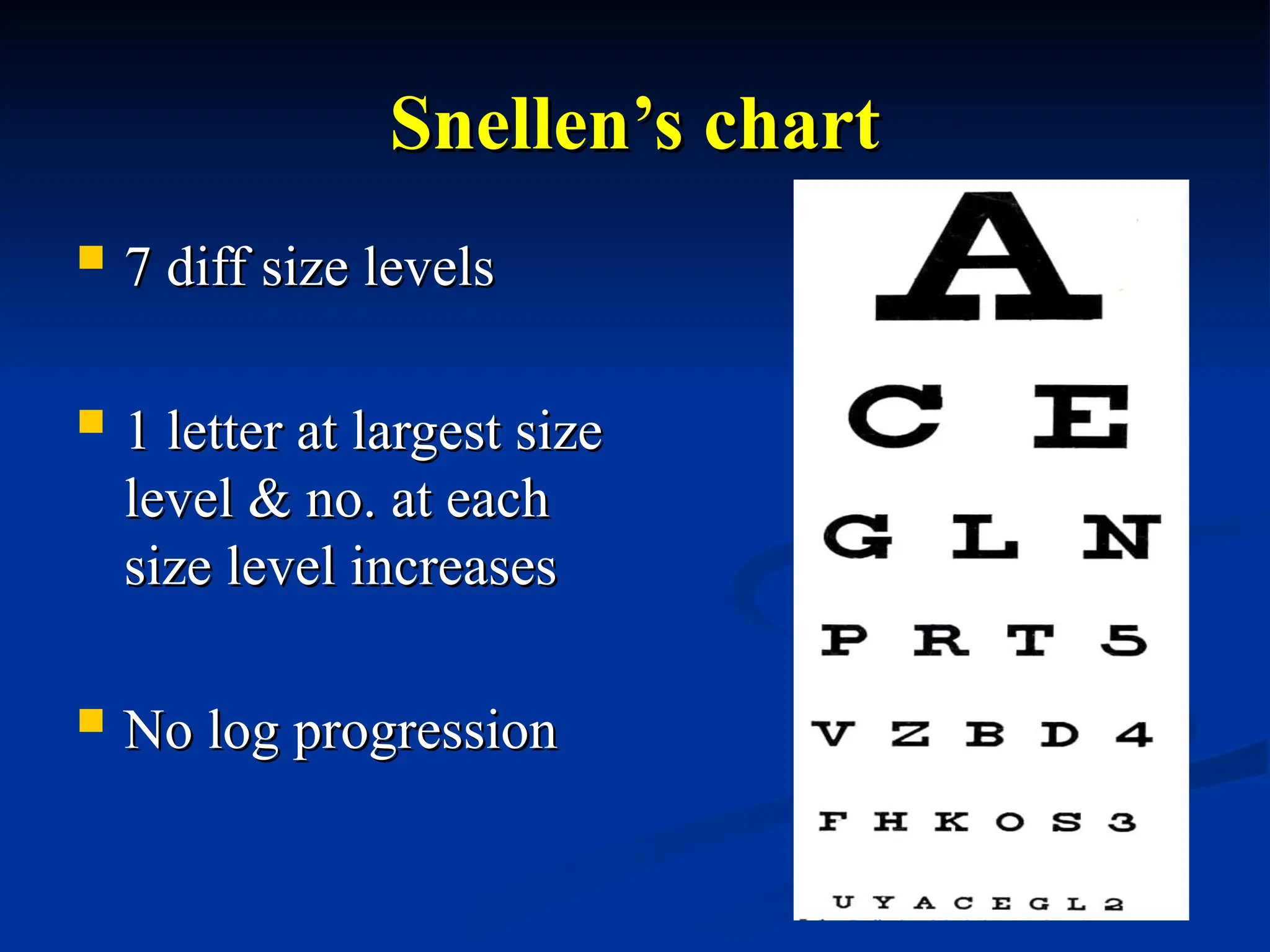 Snellen’s chart
Snellen’s chart
 7 diff size levels
7 diff size levels
 1 letter at largest size
1 letter at largest size
level & no. at each
level & no. at each
size level increases
size level increases
 No log progression
No log progression
 