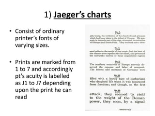 1) Jaeger’s charts
• Consist of ordinary
printer’s fonts of
varying sizes.
• Prints are marked from
1 to 7 and accordingly
pt’s acuity is labelled
as J1 to J7 depending
upon the print he can
read
 