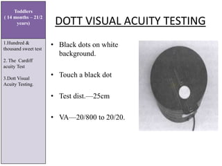 DOTT VISUAL ACUITY TESTING
• Black dots on white
background.
• Touch a black dot
• Test dist.—25cm
• VA—20/800 to 20/20.
Toddlers
( 14 months – 21/2
years)
1.Hundred &
thousand sweet test
2. The Cardiff
acuity Test
3.Dott Visual
Acuity Testing.
 