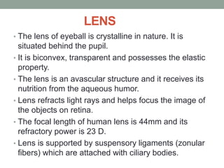 LENS
• The lens of eyeball is crystalline in nature. It is
situated behind the pupil.
• It is biconvex, transparent and possesses the elastic
property.
• The lens is an avascular structure and it receives its
nutrition from the aqueous humor.
• Lens refracts light rays and helps focus the image of
the objects on retina.
• The focal length of human lens is 44mm and its
refractory power is 23 D.
• Lens is supported by suspensory ligaments (zonular
fibers) which are attached with ciliary bodies.
 
