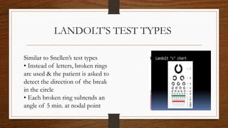 LANDOLT’S TEST TYPES
Similar to Snellen’s test types
• Instead of letters, broken rings
are used & the patient is asked to
detect the direction of the break
in the circle
• Each broken ring subtends an
angle of 5 min. at nodal point
 