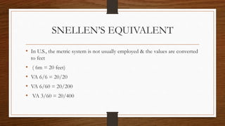 SNELLEN’S EQUIVALENT
• In U.S., the metric system is not usually employed & the values are converted
to feet
• ( 6m = 20 feet)
• VA 6/6 = 20/20
• VA 6/60 = 20/200
• VA 3/60 = 20/400
 