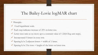 The Bailey-Lovie logMAR chart
• Principle:-
 Used logarithmic scale.
 Each step indicates increase of 25% in letter size.
 Letter sizes ratio as we move up is a constant value of 1.26(0.1log unit steps).
 Incorporated 5 letters in every row.
 Spacing b/w 2 adjacent letters = width of 1 letter.
 Spacing b/w 2 hz rows = height of the letter on lower row.
 