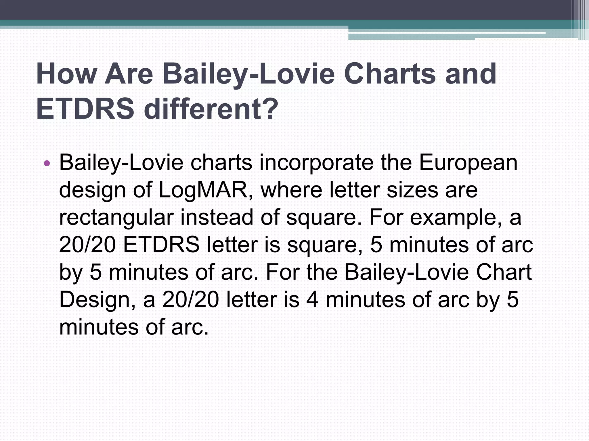 How Are Bailey-Lovie Charts and
ETDRS different?
• Bailey-Lovie charts incorporate the European
design of LogMAR, where letter sizes are
rectangular instead of square. For example, a
20/20 ETDRS letter is square, 5 minutes of arc
by 5 minutes of arc. For the Bailey-Lovie Chart
Design, a 20/20 letter is 4 minutes of arc by 5
minutes of arc.
 
